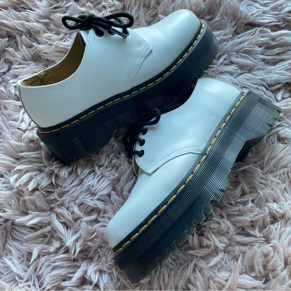 Dr. Martens White Leather Platform Oxfords with Black Soles